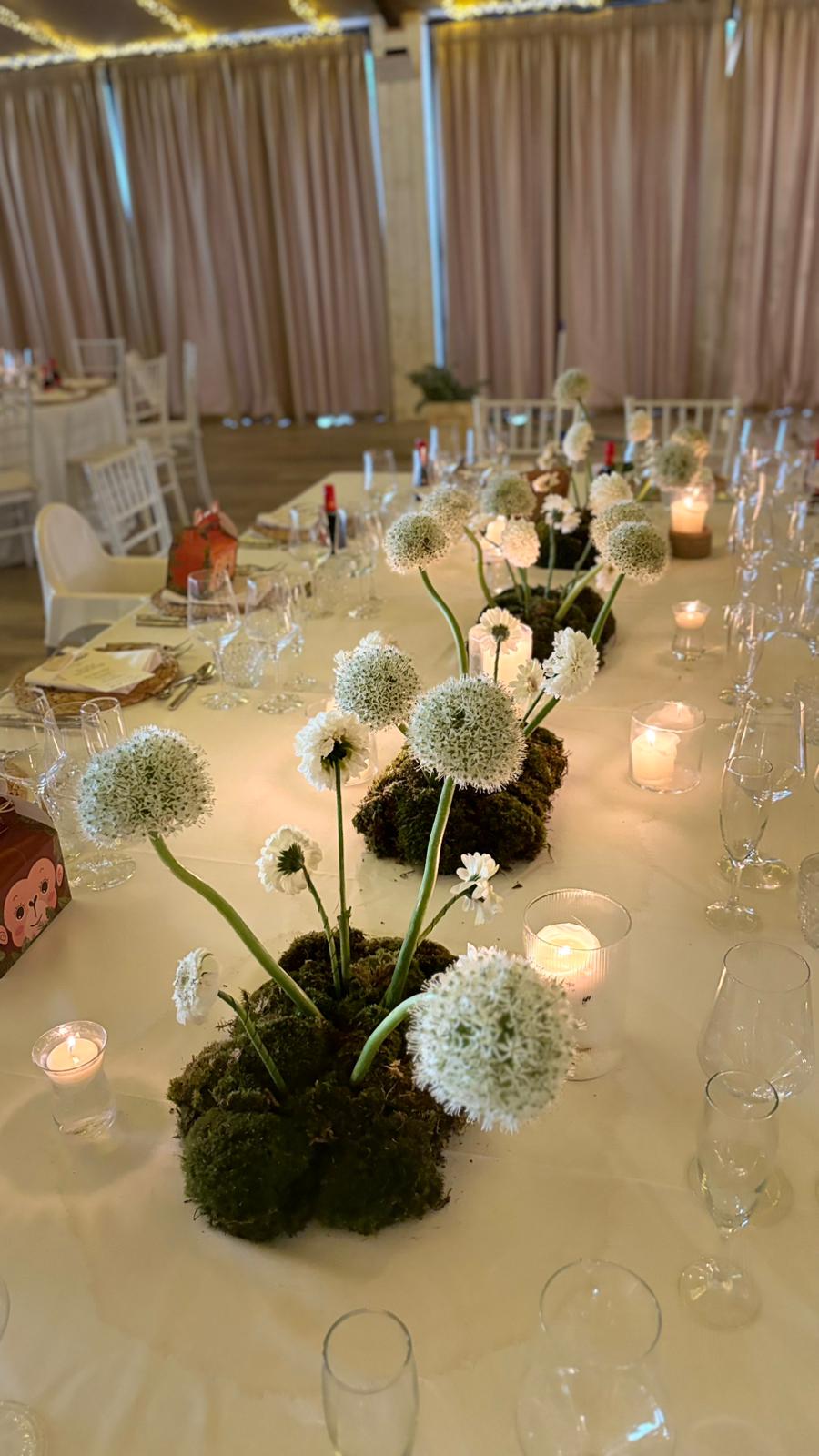 Centros de mesa con alliums sobre musgo en evento especial